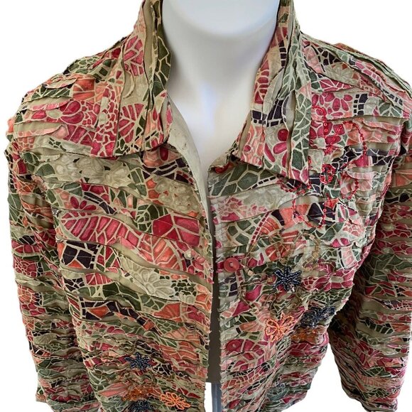 Life Style Womens Shirt Jacket Green Brown Floral Buttons Pintuck Beaded Lined - Picture 5 of 10